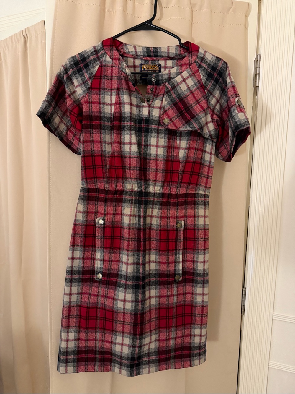 Pendleton Red Black White Plaid Short-Sleeve Wool Mini Dress
